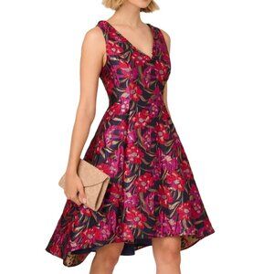 Adrianna Papell Ruffled Floral Jacquard High-Low-Hem Dress – Navy/Red NWT 18